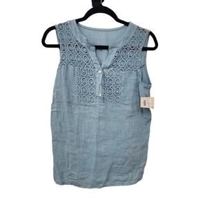 New NWT Debardeur Sequin Detail Top 100% Linen‎ Top Light Blue Medium